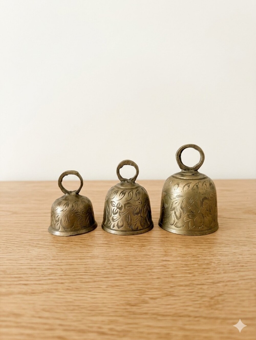 Vtg Authentic SARNA Signed Etched Brass Bells - Set of 3 Graduated Boho Decor